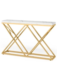 Tribe signs Gold Console Table, Modern 55 inch Entryway Table Narrow Long Sofa Table with Geometric Metal Legs, Faux Marble White Wood Foyer Table for