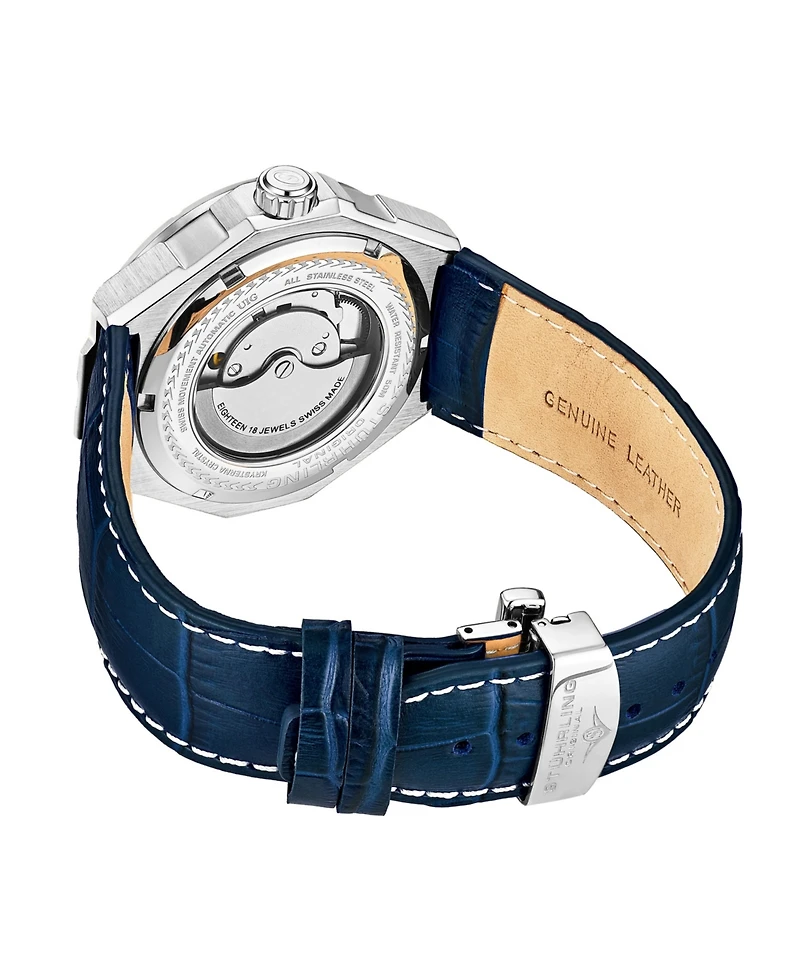 Stuhrling Men's Automatic Watch Alligator Embossed Genuine Leather Strap with Decorative Stitching