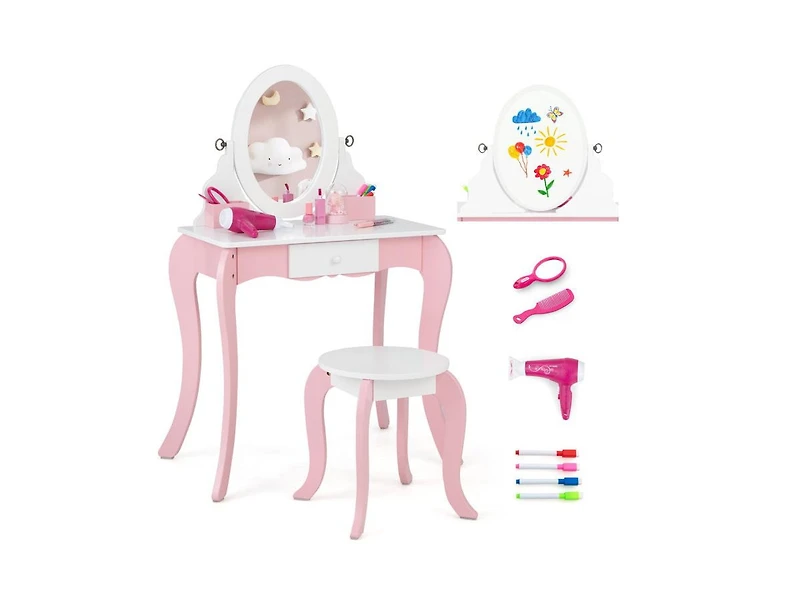 Slickblue Pretend Kids Vanity Set with 360° Rotatable Mirror and Play Accessories
