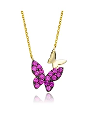 GiGiGirl Sterling Silver 14k Yellow Gold Plated with Red Cubic Zirconia Double Butterfly Layering Necklace