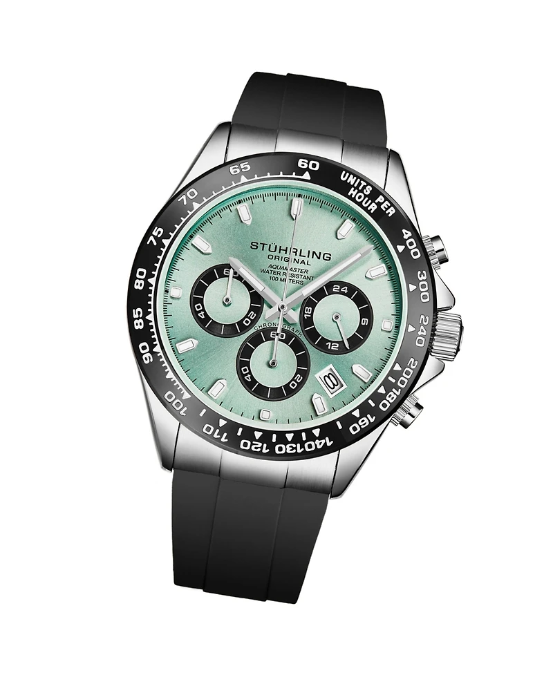Stuhrling 4050 Men's Quartz Chronograph, Alloy Silver Case, Green Dial, Black Bezel,black rubber strap Watch