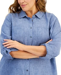 Charter Club Plus 100% Linen Roll-Tab Shirt, Exclusively at Macy's