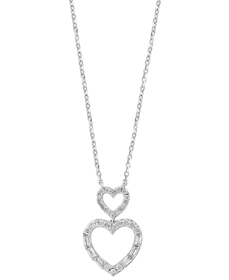Effy Diamond Round & Baguette Double Heart Pendant Necklace (1/4 ct. t.w.) in 14k White Gold, 17-1/2" + 1/2" extender