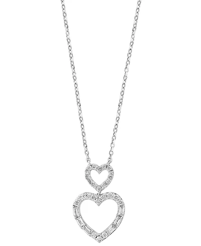 Effy Diamond Round & Baguette Double Heart Pendant Necklace (1/4 ct. t.w.) in 14k White Gold, 17-1/2" + 1/2" extender