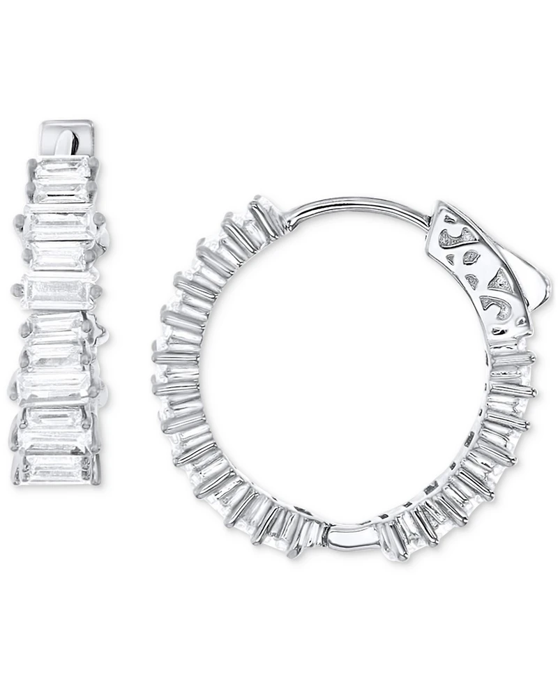 Cubic Zirconia Baguette Small Hoop Earrings in Sterling Silver, 0.79"