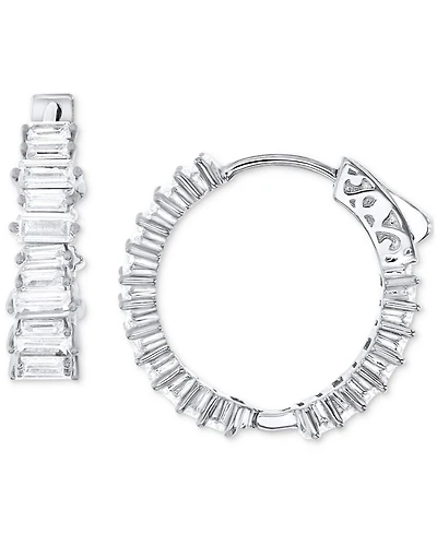 Cubic Zirconia Baguette Small Hoop Earrings in Sterling Silver, 0.79"