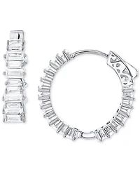 Cubic Zirconia Baguette Small Hoop Earrings in Sterling Silver, 0.79"