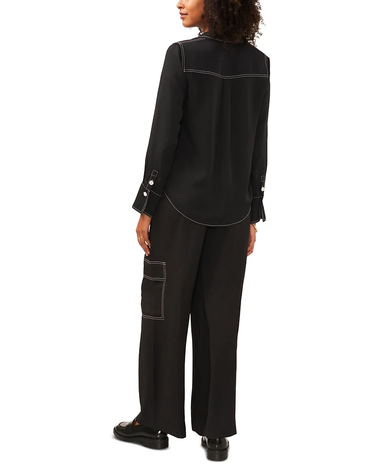 Vince Camuto Women's Contrast Stitch Button Front Collared Top