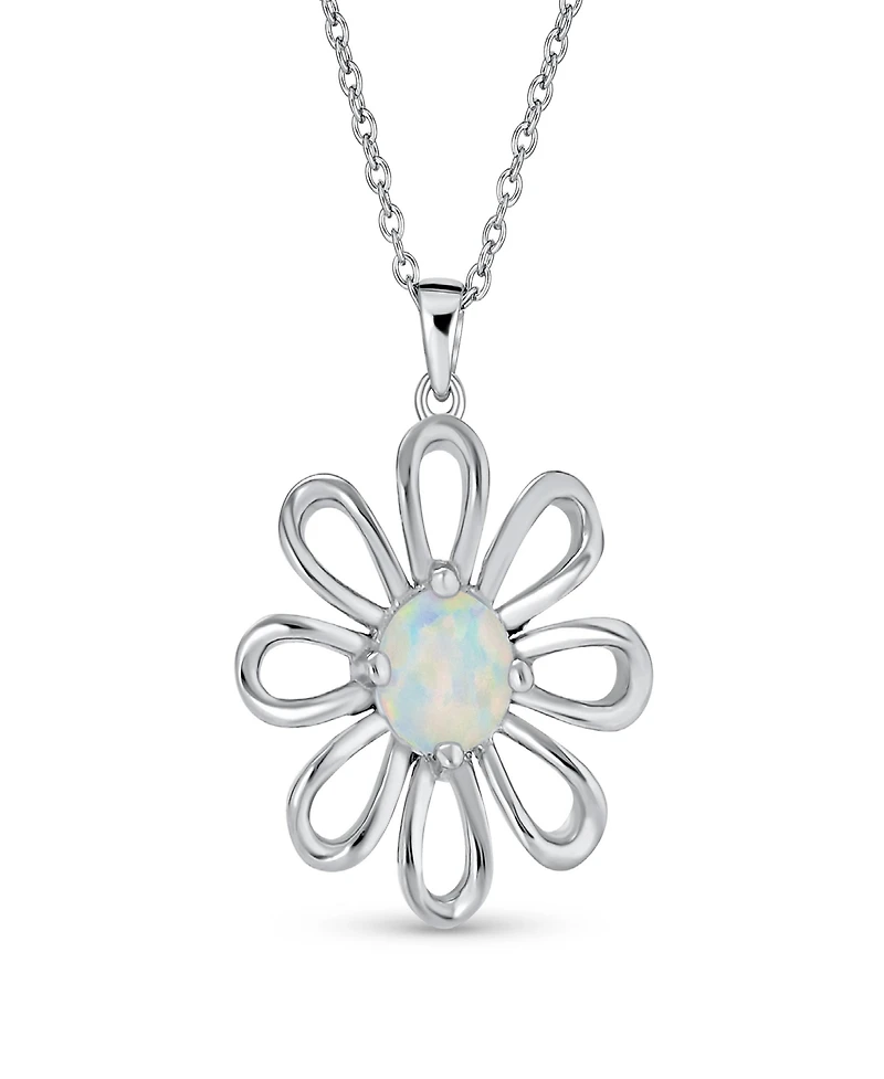 Bling Jewelry White Rainbow Opal Daisy Flower Pendant Necklace Sterling Silver October Stone
