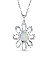 Bling Jewelry White Rainbow Opal Daisy Flower Pendant Necklace Sterling Silver October Stone