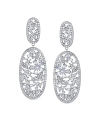 Bling Jewelry Large Cubic Zirconia Flower Leaf Oval Long Statement Cz Bouquet Chandelier Dangle Clip On Earrings Prom Rhodium Plated Brass
