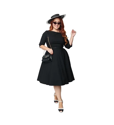 Unique Vintage Plus Three Quarter Sleeve Belted Devon Swing Dress