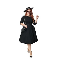 Unique Vintage Plus Three Quarter Sleeve Belted Devon Swing Dress