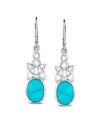 Bling Jewelry Celtic Love Knot Work Bezel Set Oval Blue Natural Turquoise Lever Back Dangle Earrings Western Style Sterling Silver