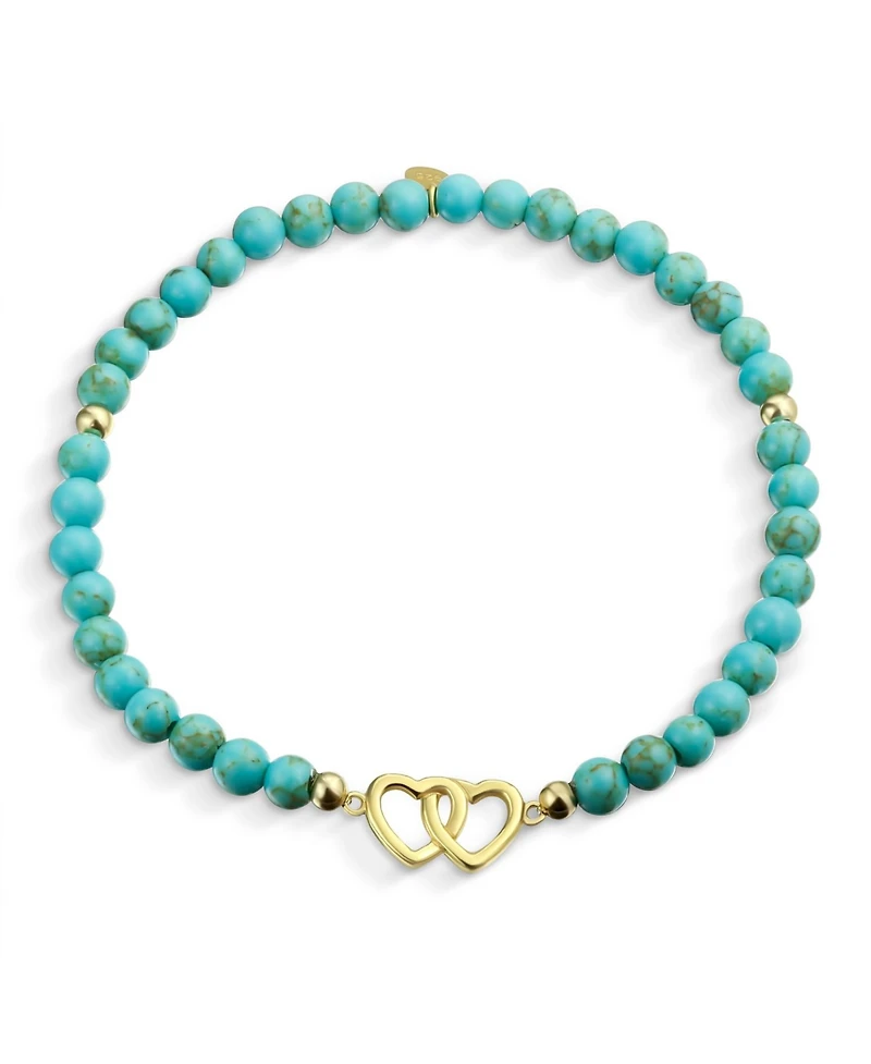 Bling Jewelry Interlocking Hearts Bff Synthetic Compressed Turquoise Strand Bead Stretch Bracelet Gold Plated Sterling Silver