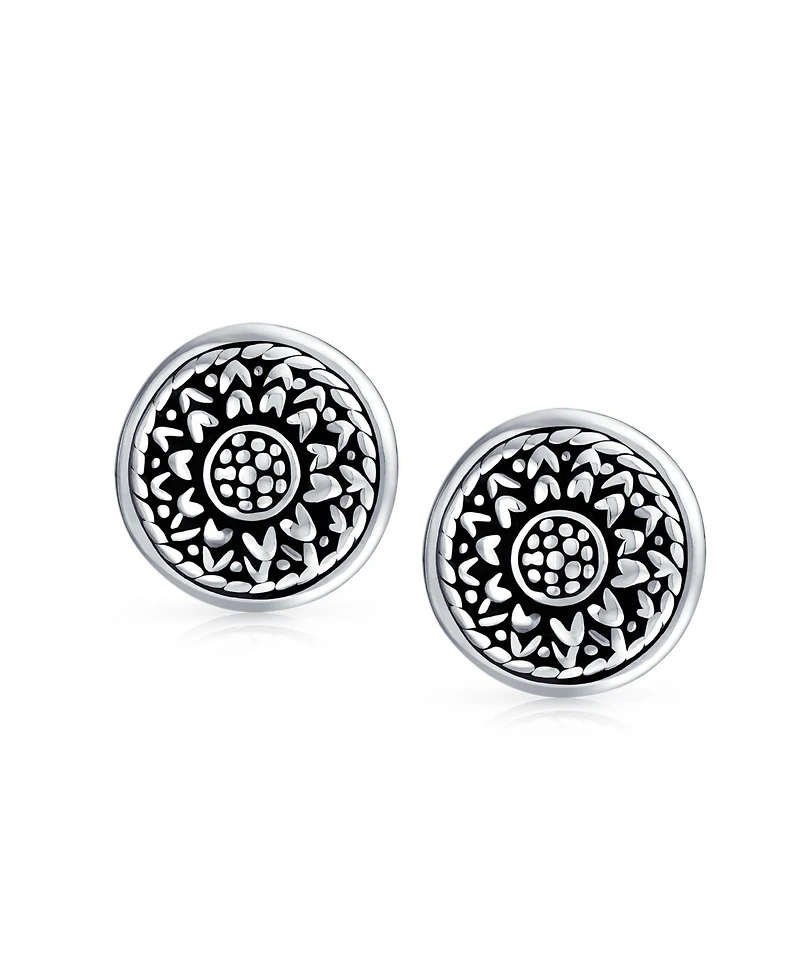 Bling Jewelry Bali Style Lightweight Medallion Round Disc Flower Sunflower Clip On Earrings Non Pierced Oxidized Sterling Silver