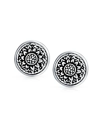 Bling Jewelry Bali Style Lightweight Medallion Round Disc Flower Sunflower Clip On Earrings Non Pierced Oxidized Sterling Silver