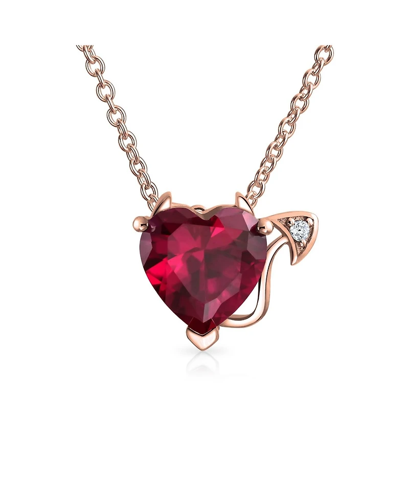 Bling Jewelry Red Cz Devil Heart Pendant Necklace and Stud Earring Set Rose Gold Plated Silver