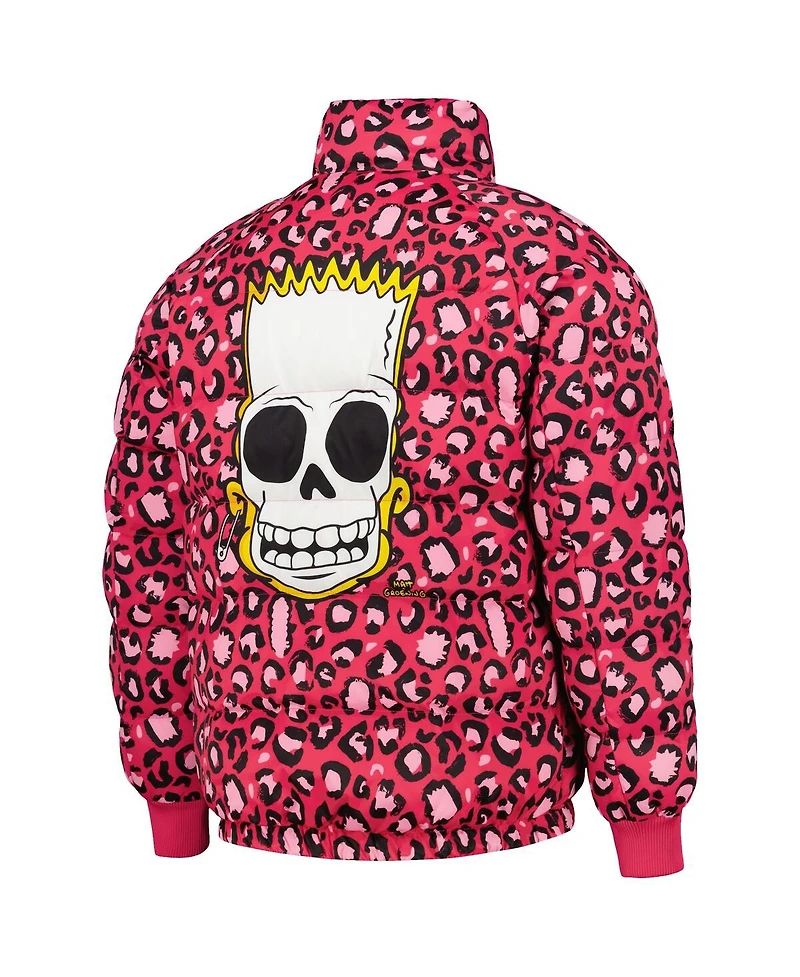 Men's Freeze Max Pink The Simpsons Bart Leopard Print Raglan Full-Zip Puffer Jacket