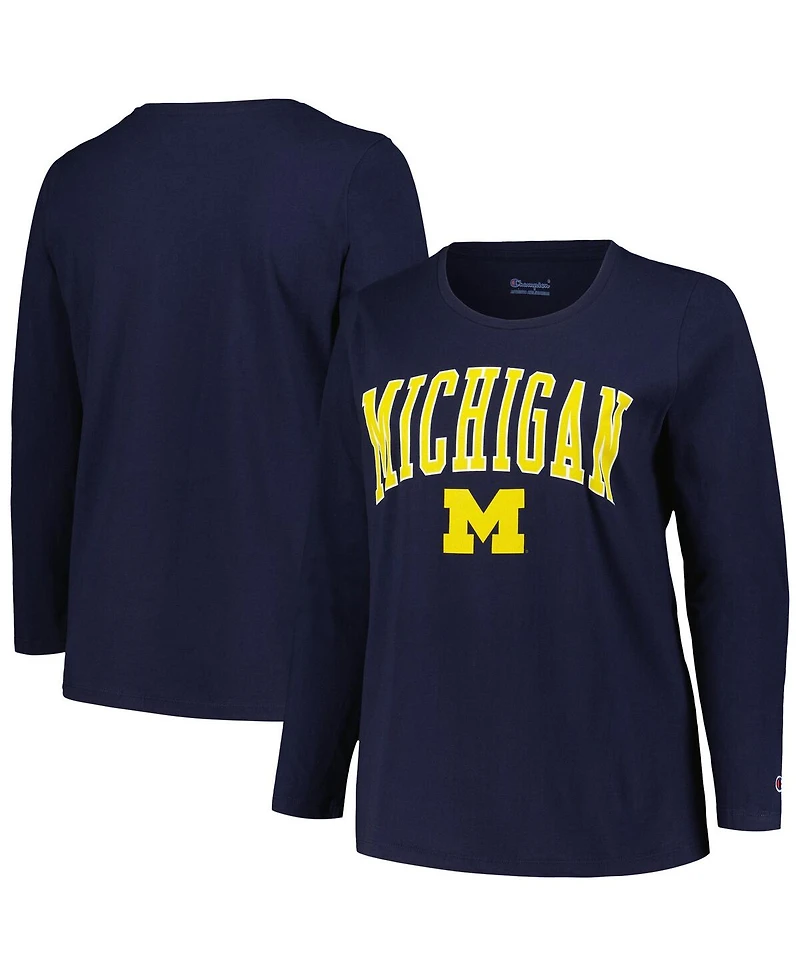 Women's Profile Navy Michigan Wolverines Plus Size Arch Over Logo Scoop Neck Long Sleeve T-shirt