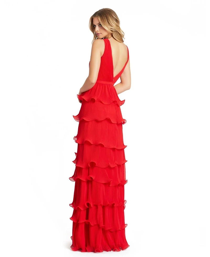 Mac Duggal Women's Sleeveless Ruffle Tiered V Neck Gown