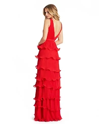 Mac Duggal Women's Sleeveless Ruffle Tiered V Neck Gown