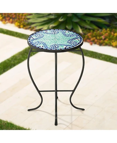 Ocean Wave Modern Industrial Black Iron Metal Round Outdoor Accent Side Table 14" Wide Light Green Mosaic Tile Tabletop Gracefully Curved Legs for Por
