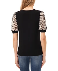 CeCe Women's Daisy Mixed Media Short Sleeve Top