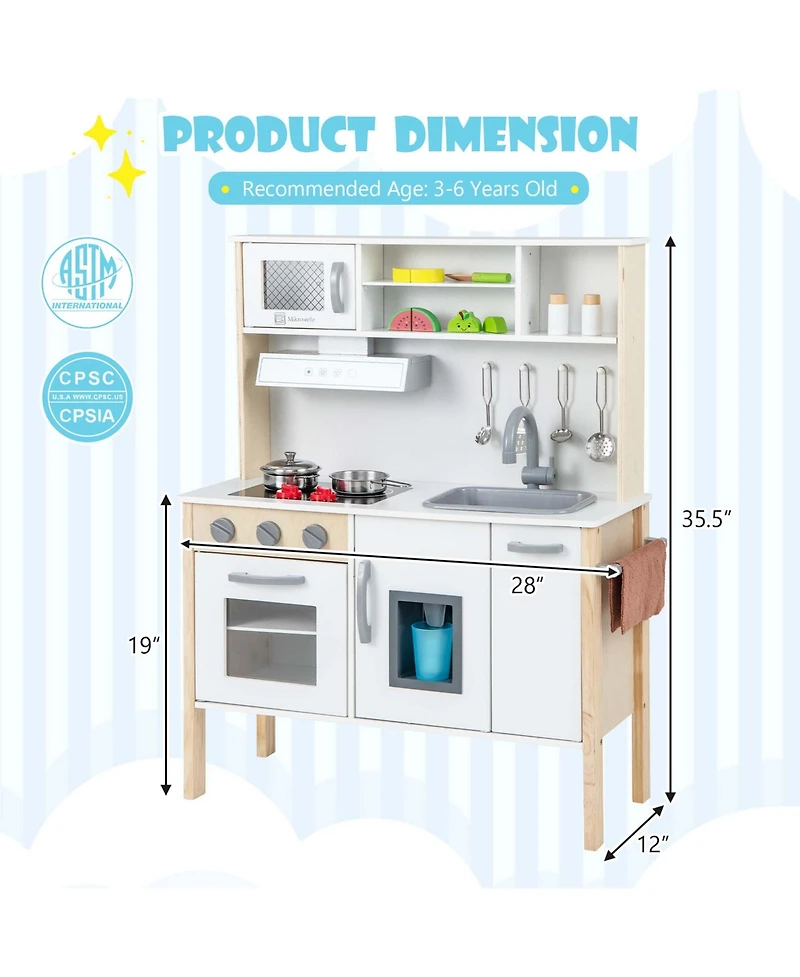 Kids Kitchen Playset Wooden Pretend Play Chef Toy with Microwave & Accessories