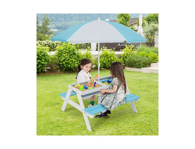 3-in-1 Kids Outdoor Picnic Water Sand Table with Umbrella Play Boxes