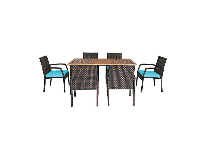 Slickblue 7 pieces Patio Rattan Cushioned Dining Set with Umbrella Hole