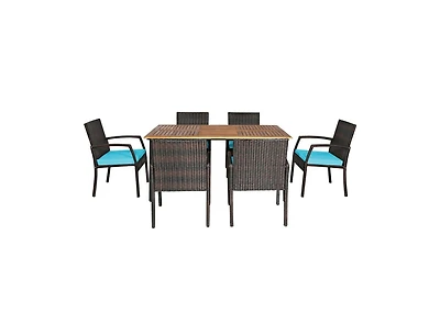 Slickblue 7 pieces Patio Rattan Cushioned Dining Set with Umbrella Hole