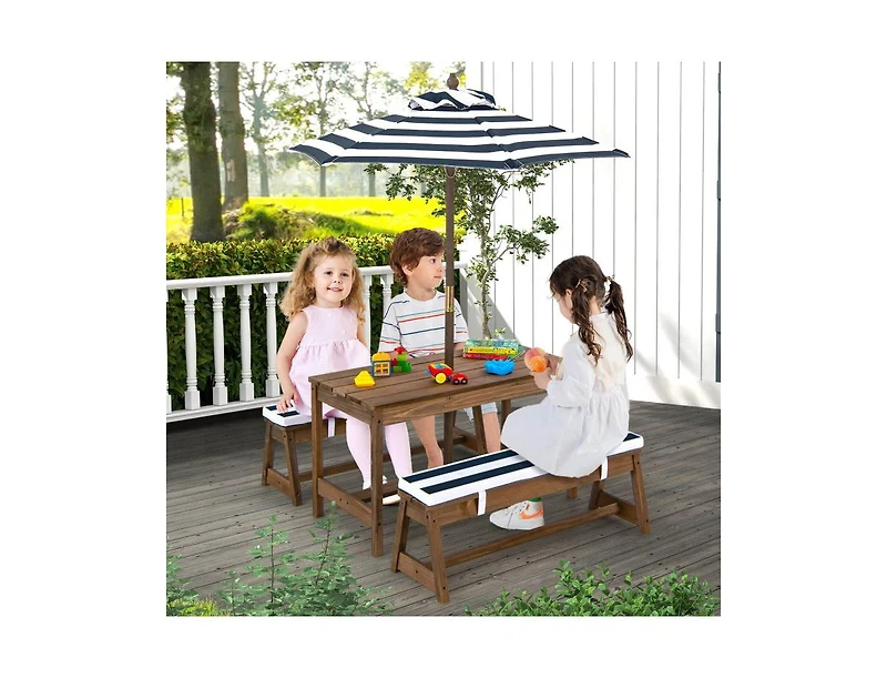 Kids Picnic Table Set with Benches, Cushions, and Adjustable Height Umbrella