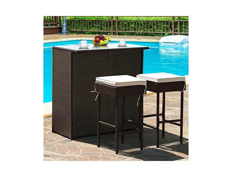 3-piece Rattan Wicker Bar Table Stools Dining Set Cushioned Chairs