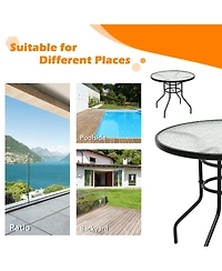 32 Inch Patio Tempered Glass Steel Frame Round Table with Convenient Umbrella Hole