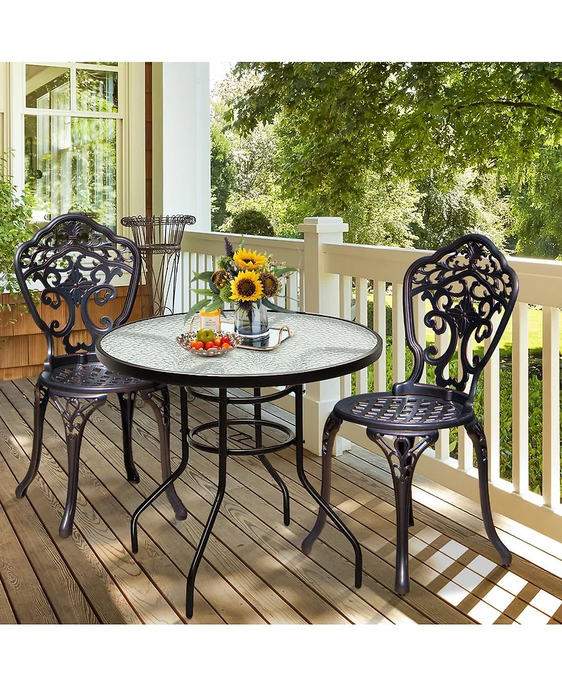 32 Inch Patio Tempered Glass Steel Frame Round Table with Convenient Umbrella Hole