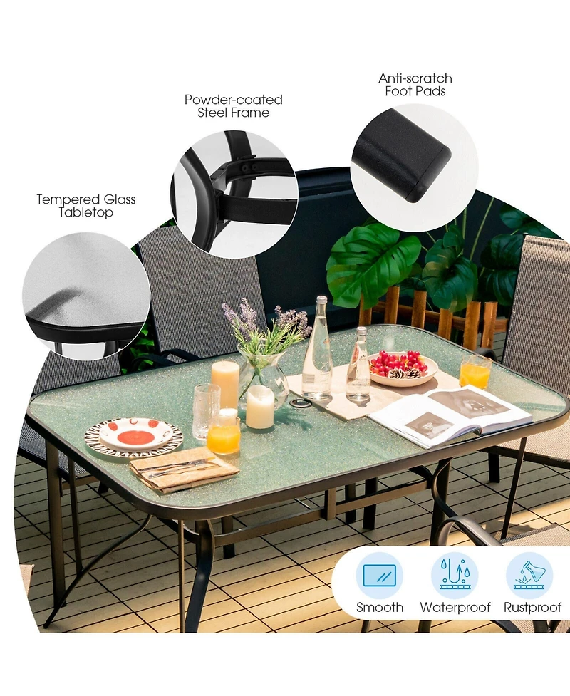 55 x 35 Inch Patio Dining Rectangle Tempered Glass Table with Umbrella Hole