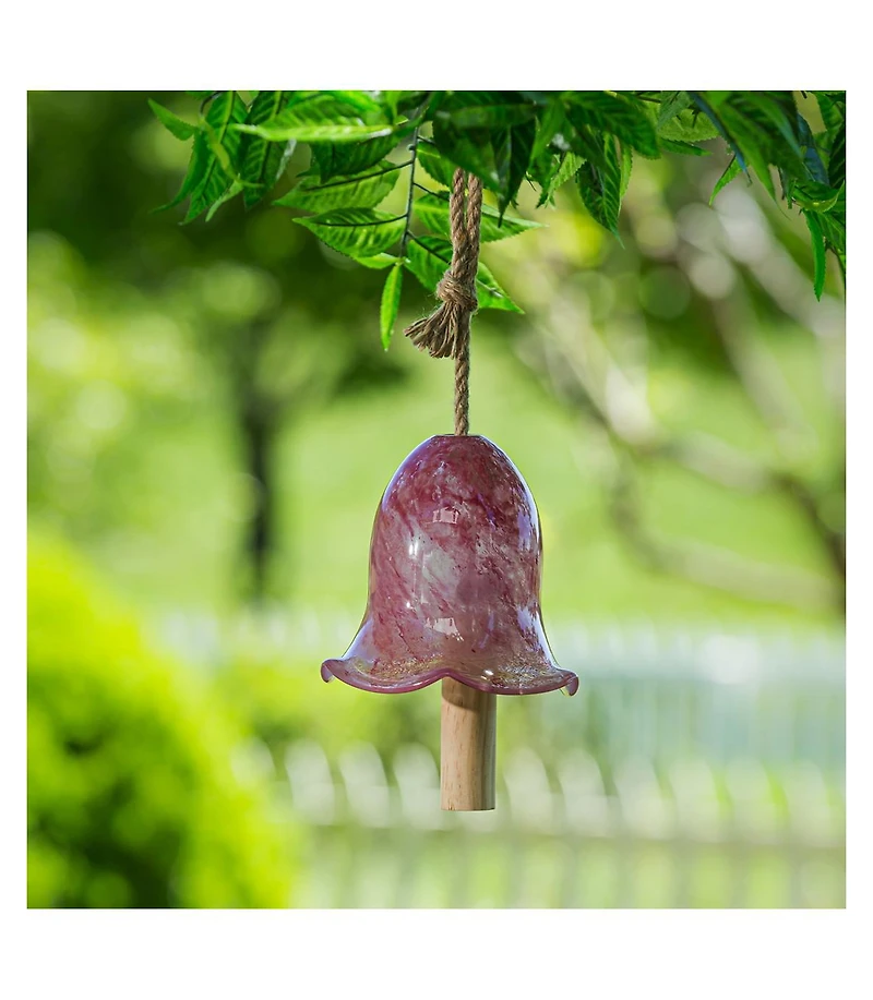 Evergreen Art Glass Speckle Pink Floral Shaped Bell Chime- 7 x 7 x 7 Inches Outdoor Decor