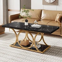 Tribesigns Rectangle Coffee Table, 47.24-inch Modern Coffee Tables for Living Room, 2-Tier Faux Marble Wood Coffee Table with Geometric Metal Legs,Bla