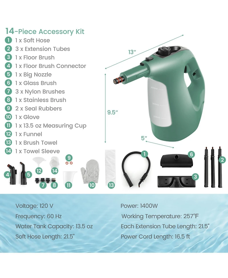 1400W Handheld Steam Cleaner with 14-Piece Accessory Kit and Child Lock
