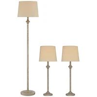 360 Lighting Carter Rustic Farmhouse 3 Piece Table Floor Lamp Set Beige Metal Cream Fabric Tapered Drum Shade for Living Room Bedroom Office House