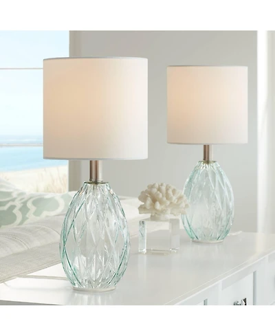 360 Lighting Modern Accent Table Lamps 14 3/4" High Set of 2 Diamond Blue Green Glass Fabric Drum Shade for Bedroom Bedside Office (Color May Var