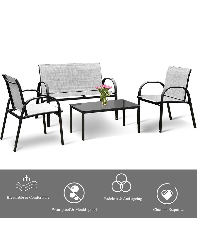 4 Pieces Patio Furniture Set with Glass Top Coffee Table
