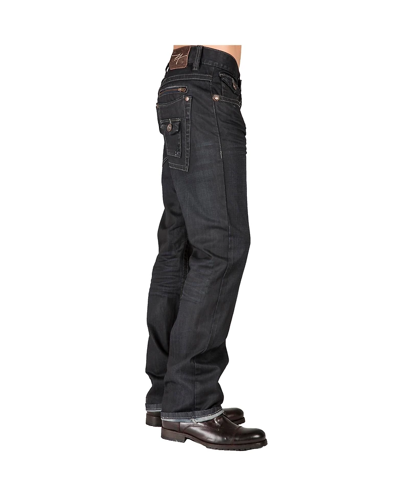 Level 7 Men's Relaxed Straight Leg Premium Denim Jeans Black Coated Throwback Style Zipper Trim Pockets