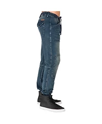 Men's Premium Knit Denim Jogger Jeans Indigo Hand Sanded Knee Patches
