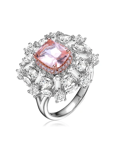 Sterling Silver White Gold Plated with Square Pink and Cubic Zirconia's Petals Flower Ring