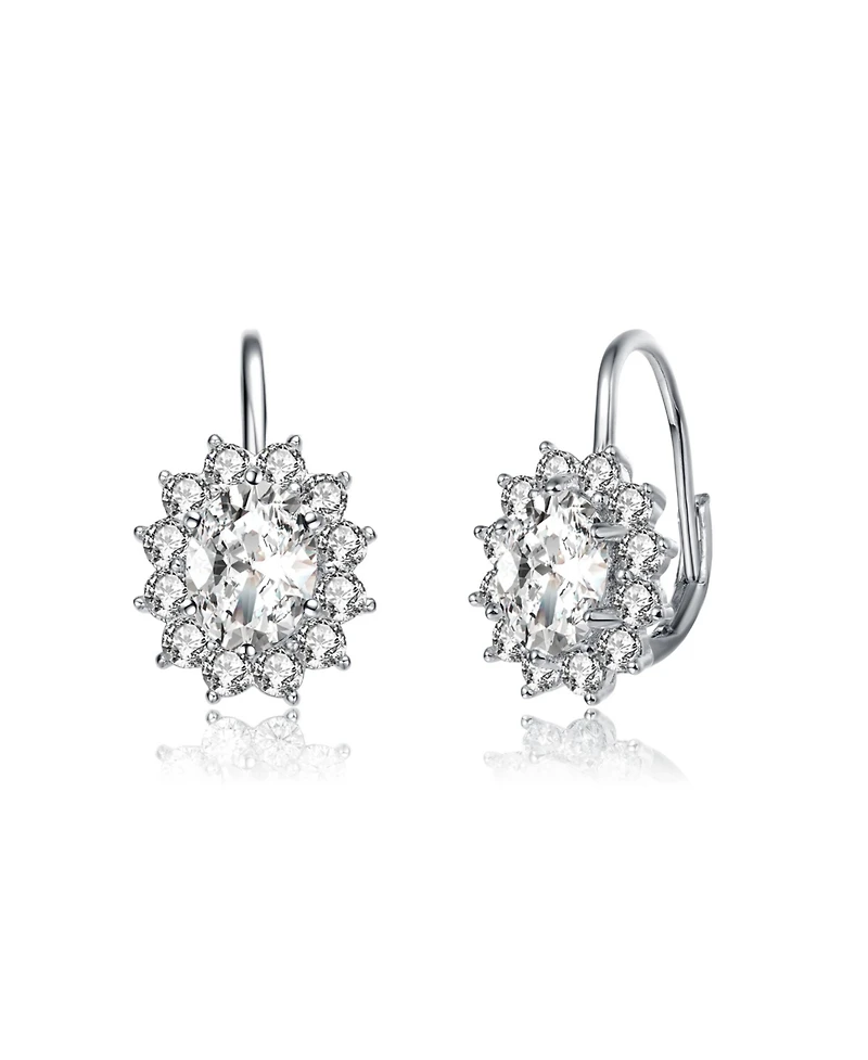 White Gold Plated with Cubic Zirconia Hibiscus Flower Cluster Drop Earrings with Leverback