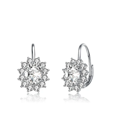 White Gold Plated with Cubic Zirconia Hibiscus Flower Cluster Drop Earrings with Leverback