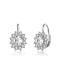 White Gold Plated with Cubic Zirconia Hibiscus Flower Cluster Drop Earrings with Leverback