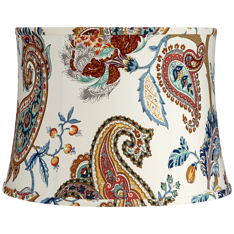Springcrest White with Paisley Print Medium Drum Lamp Shade 14" Top x 16" Bottom x 11.5" High (Spider) Replacement with Harp and Finial